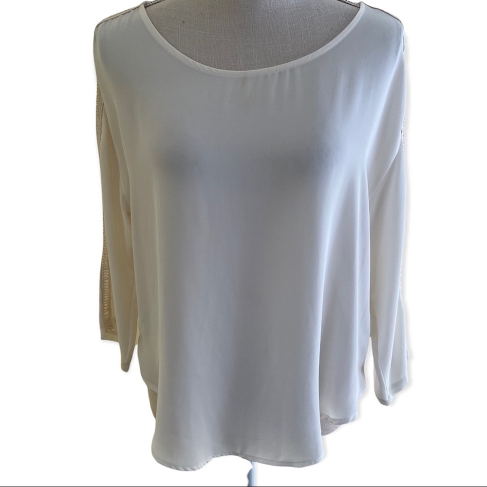 Lush Cream Scoop Neck Chiffon Blouse with Open Stitching on Shoulder & Arm